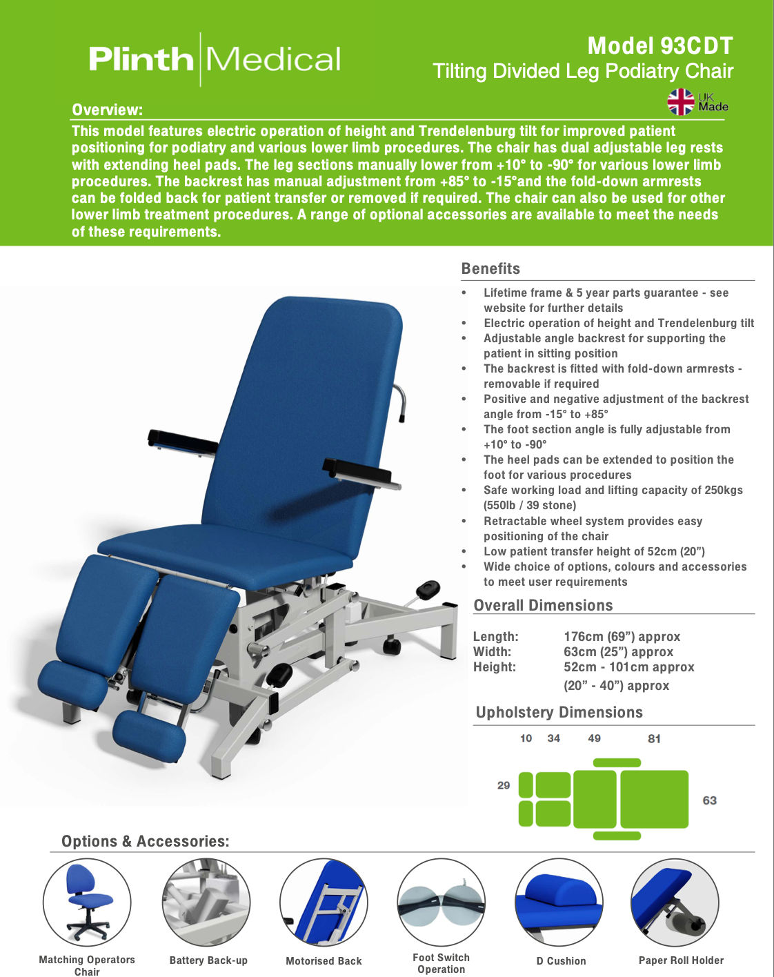 Plinth 93CDT Tilting Divided Leg Podiatry Chair (Two-motor)